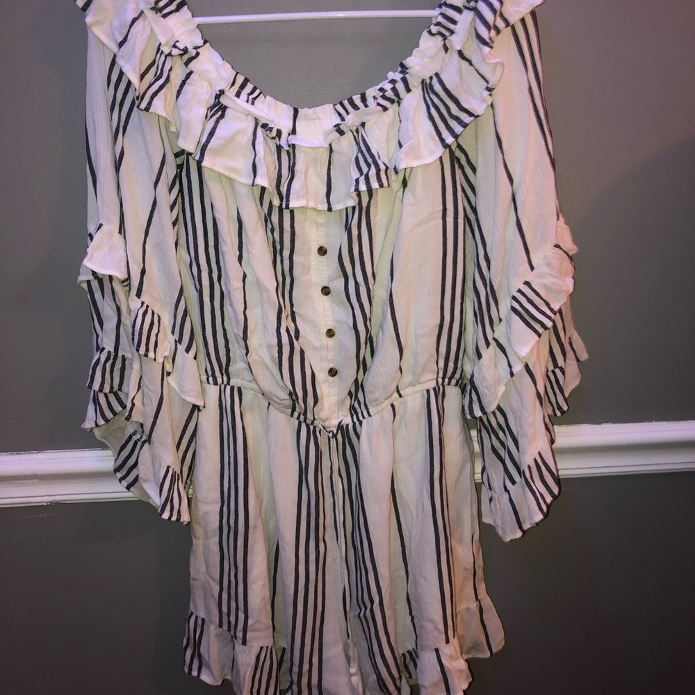 off the shoulder blue and white romper